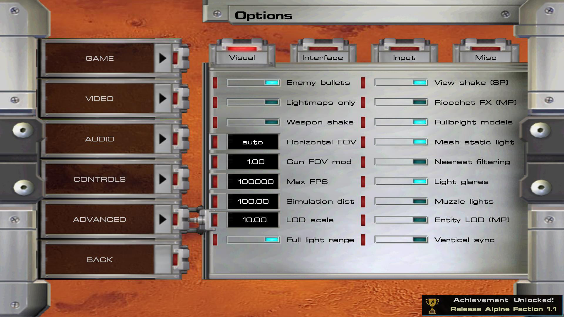 Alpine Faction Advanced options menu